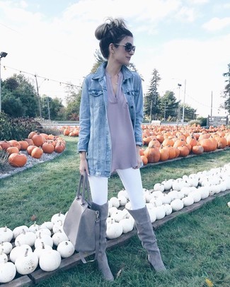 Women's Light Blue Denim Jacket, Grey Long Sleeve Blouse, White Skinny Jeans, Grey Suede Over The Knee Boots