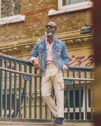 Beige Cargo Pants Outfits: For something on the casually cool side, test drive this combo of a blue denim jacket and beige cargo pants. Feel uninspired with this outfit? Invite a pair of navy suede derby shoes to switch things up.