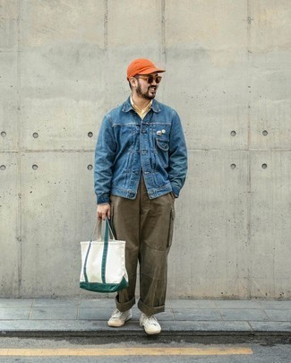 Men's Blue Denim Jacket, Yellow Long Sleeve Shirt, Olive Cargo Pants, White Canvas Low Top Sneakers
