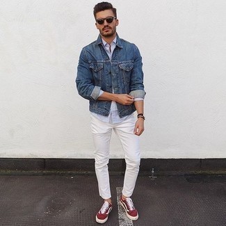 Blue Denim Jacket Outfits For Men: When the situation permits a casual outfit, dress in a blue denim jacket and white chinos. Why not throw red suede low top sneakers in the mix for an easy-going feel?