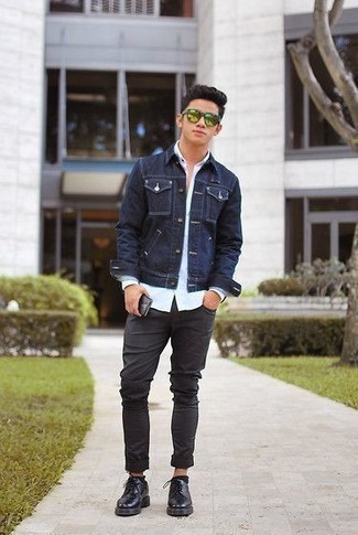 Mint Sunglasses Outfits For Men: For a laid-back look with an urban take, consider pairing a navy denim jacket with mint sunglasses. Why not introduce a pair of black leather derby shoes to the mix for an element of elegance?