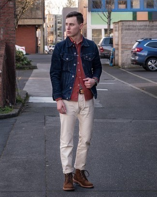 Beige Chinos Outfits: A navy denim jacket and beige chinos will give off this laid-back and cool vibe. And if you wish to instantly up the ante of your outfit with one single item, complete your outfit with dark brown suede casual boots.
