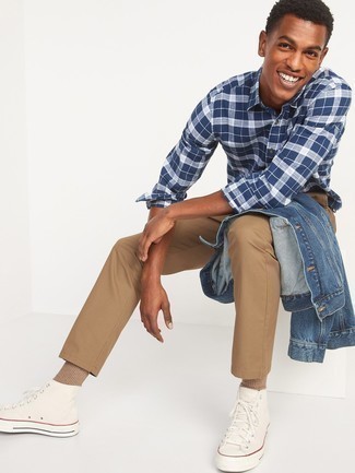 Men's Navy Denim Jacket, Navy and White Plaid Long Sleeve Shirt, Khaki Chinos, White Canvas High Top Sneakers