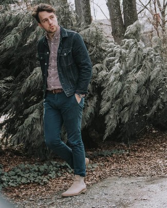 Navy and White Canvas Watch Outfits For Men: A black denim jacket and a navy and white canvas watch are a savvy outfit formula to add to your menswear arsenal. You could go down a more classic route in the shoe department with a pair of beige suede chelsea boots.