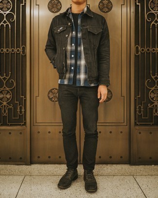 White and Blue Plaid Long Sleeve Shirt Outfits For Men: The combo of a white and blue plaid long sleeve shirt and charcoal jeans makes for a neat off-duty getup. Complement this outfit with black leather casual boots to effortlessly up the classy factor of this look.