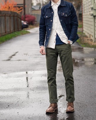 Beige Long Sleeve Shirt Outfits For Men: A beige long sleeve shirt and olive chinos are a cool look worth incorporating into your current casual wardrobe. To give your overall getup a sleeker twist, why not complete this ensemble with a pair of brown leather casual boots?