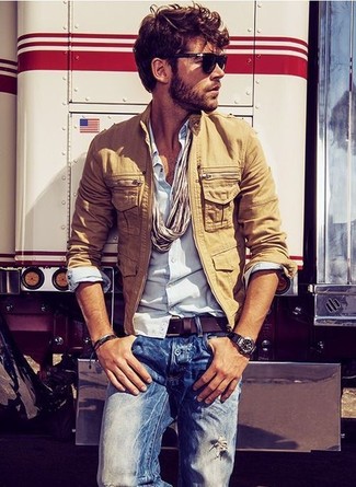 Beige Denim Jacket Outfits For Men: Such items as a beige denim jacket and blue ripped jeans are the perfect way to introduce effortless cool into your day-to-day lineup.