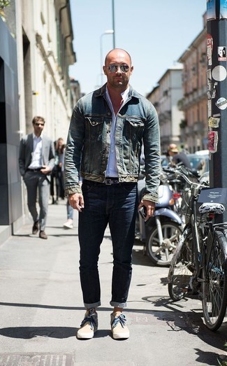 Blue Denim Jacket Outfits For Men: If you want to go about your day with confidence in your getup, opt for a blue denim jacket and navy jeans. Beige canvas high top sneakers will instantly dial down a polished getup.