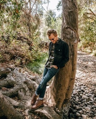 Olive Denim Jacket Outfits For Men: If the setting allows laid-back dressing, you can wear an olive denim jacket and blue jeans. Kick up the dressiness of this look a bit by rounding off with a pair of brown leather casual boots.