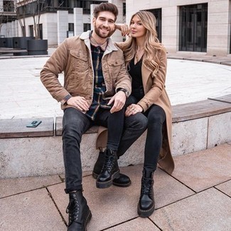 Beige Denim Jacket Outfits For Men: This casual combo of a beige denim jacket and charcoal jeans is a foolproof option when you need to look sharp but have no extra time to dress up. Black leather casual boots will instantly spruce up even your most comfortable clothes.