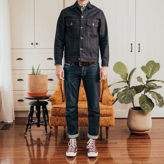 Grey Plaid Long Sleeve Shirt Outfits For Men: Make a grey plaid long sleeve shirt and navy jeans your outfit choice for a laid-back outfit with a twist. Rounding off with a pair of burgundy canvas high top sneakers is a fail-safe way to inject an air of stylish nonchalance into this ensemble.