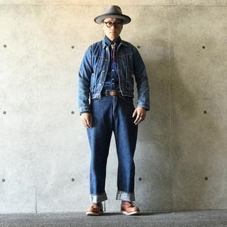Men's Blue Denim Jacket, Navy Chambray Long Sleeve Shirt, Navy Jeans, Brown Leather Casual Boots