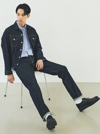 Black Jeans with Denim Jacket Outfits For Men: For a laid-back look, try teaming a denim jacket with black jeans — these two pieces fit really well together. Round off this outfit with a pair of black leather derby shoes to mix things up.