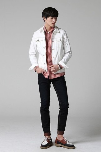 Men's White Denim Jacket, Red Gingham Long Sleeve Shirt, Black Skinny Jeans, Multi colored Leather Derby Shoes