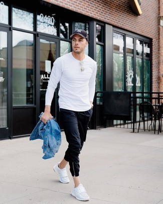 White and Navy Athletic Shoes Outfits For Men: For a casual outfit, pair a blue denim jacket with black cargo pants — these two items go beautifully together. A pair of white and navy athletic shoes instantly turns up the street cred of your ensemble.