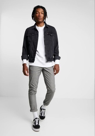 Men's Black Denim Jacket, White Long Sleeve T-Shirt, Grey Chinos, Black and White Canvas Low Top Sneakers