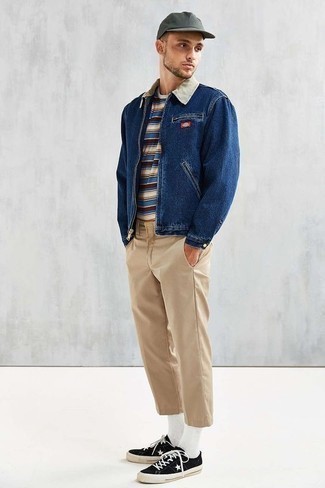Men's Blue Denim Jacket, Multi colored Horizontal Striped Long Sleeve T-Shirt, Khaki Chinos, Black and White Suede Low Top Sneakers