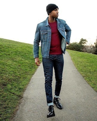 If you like casual combinations, then you'll appreciate this combo of a blue denim jacket and navy jeans. Go ahead and complete your outfit with a pair of black leather casual boots for an added dose of style.