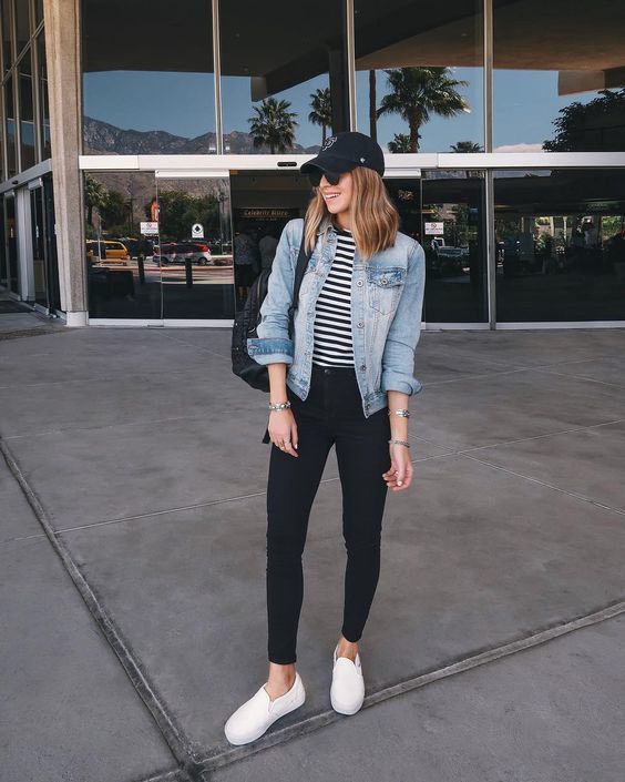Women's Blue Denim Jacket, White and Navy Horizontal Striped Casual Dress,  Black Leggings, Black and White Canvas High Top Sneakers