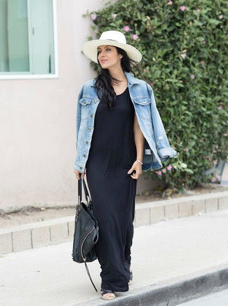 Black Leather Flat Sandals Outfits: For effortless style without the need to sacrifice on functionality, we love this laid-back combination of a light blue denim jacket and a black maxi dress. Black leather flat sandals will add a new flavor to an otherwise dressy look.