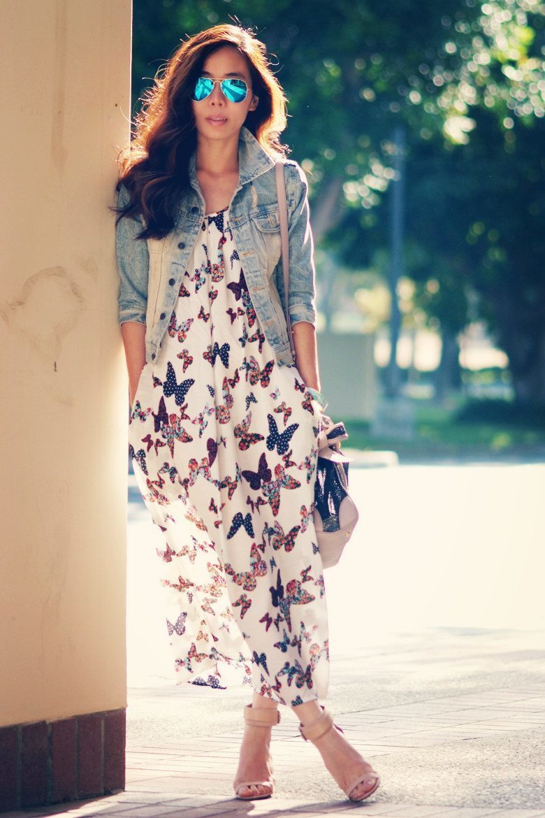 spring-summer-fashion-vaction-style-white-maxi-dress-denim-jacket - A Side  Of Style