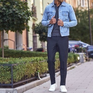 Navy Check Chinos Outfits: A light blue denim jacket looks especially great when matched with navy check chinos in a casual ensemble. As for shoes, introduce a pair of white canvas low top sneakers to this look.