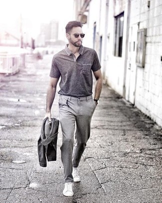 Charcoal Denim Jacket Outfits For Men: Why not consider pairing a charcoal denim jacket with grey chinos? These items are super comfortable and will look nice together. Kick up the cool of your outfit with a pair of white canvas low top sneakers.