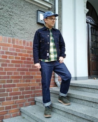 Dark Green Plaid Polo Outfits For Men: A dark green plaid polo and navy jeans are great menswear staples that will integrate really well within your day-to-day casual repertoire. Ramp up the classiness of your outfit a bit by finishing with dark green leather derby shoes.