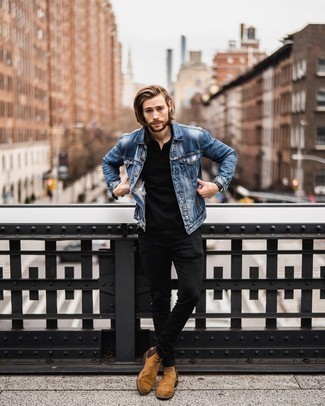 Black Skinny Jeans Outfits For Men: If you're looking for an off-duty and at the same time sharp look, rock a blue denim jacket with black skinny jeans. A pair of tobacco suede chelsea boots easily bumps up the classy factor of any ensemble.