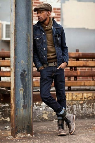Olive Canvas Belt Chill Weather Outfits For Men: On days when comfort is paramount, this combination of a navy denim jacket and an olive canvas belt is a winner. If you feel like stepping it up a bit, introduce a pair of brown leather casual boots to the equation.