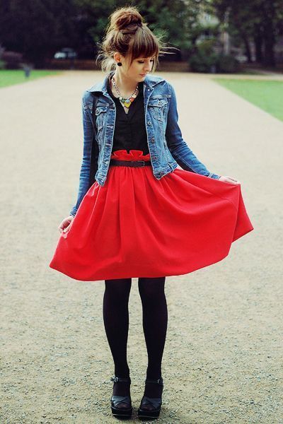 Red denim best sale jacket and skirt