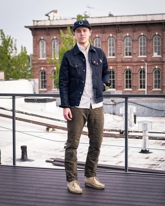 Beige Suede Desert Boots Outfits: This laid-back pairing of a navy denim jacket and brown chinos is very easy to pull together without a second thought, helping you look dapper and prepared for anything without spending a ton of time rummaging through your closet. Complete your look with beige suede desert boots and the whole ensemble will come together really well.