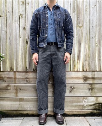 Charcoal Chinos Outfits: You'll be surprised at how extremely easy it is for any gent to get dressed like this. Just a navy denim jacket married with charcoal chinos. To give this ensemble a sleeker feel, why not add dark brown leather chelsea boots to the mix?
