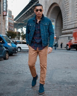 Men's Navy Denim Jacket, Navy Plaid Short Sleeve Shirt, Tobacco Chinos, Navy Suede Casual Boots