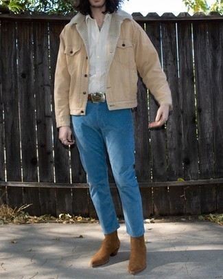 Beige Denim Jacket Outfits For Men: If you feel more confident wearing something comfortable, you'll love this seriously stylish combination of a beige denim jacket and blue corduroy chinos. Dial up your whole getup with brown suede chelsea boots.