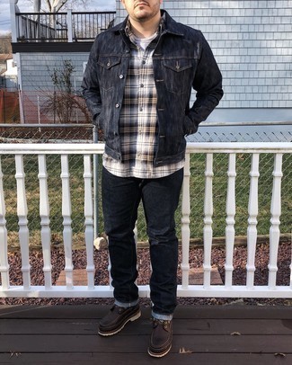 Black Jeans with Denim Jacket Outfits For Men: A denim jacket and black jeans are a nice look worth having in your casual styling lineup. Complete this look with dark brown leather work boots to infuse a dose of stylish casualness into your ensemble.