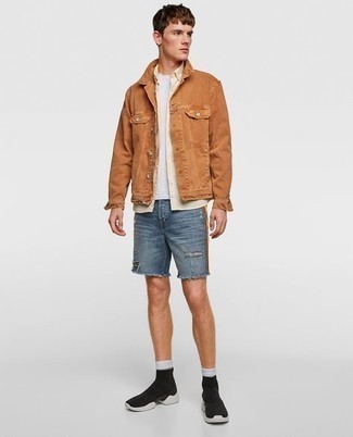 Tobacco Denim Jacket Outfits For Men: Keep things casual for the day in this functional combination of a tobacco denim jacket and blue ripped denim shorts. Balance out this outfit with a more casual kind of footwear, like this pair of black and white athletic shoes.