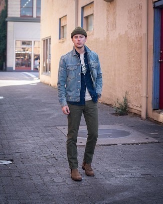 Olive Beanie Outfits For Men: If you’re a jeans-and-a-tee kind of guy, you'll like this pared down pairing of a light blue denim jacket and an olive beanie. Add dark brown suede chelsea boots to the equation to instantly jazz up the look.