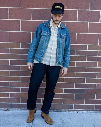 Navy Print Baseball Cap Outfits For Men: A blue denim jacket and a navy print baseball cap will infuse your look with a casual-cool vibe. Elevate your ensemble with the help of brown suede chelsea boots.