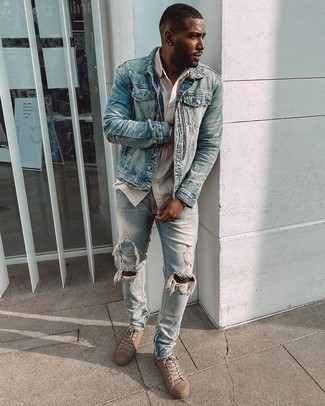 Blue Denim Jacket With Light Blue Ripped Jeans Relaxed Outfits For Men (8  Ideas & Outfits) | Lookastic