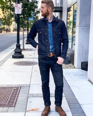 Denim Jacket Outfits For Men: This laid-back combo of a denim jacket and navy jeans comes in useful when you need to look casual and cool but have no extra time to spare. Take a more elegant approach with shoes and complement your look with a pair of dark brown leather casual boots.