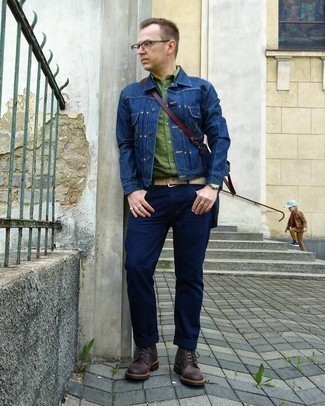 Navy Canvas Messenger Bag Outfits: If you're a fan of modern casual style, why not take this pairing of a navy denim jacket and a navy canvas messenger bag for a walk? For something more on the elegant side to finish your look, complement this look with dark brown leather casual boots.