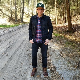 Dark Green Print Baseball Cap Outfits For Men: If you like comfort dressing, why not take this combo of a navy denim jacket and a dark green print baseball cap for a walk? For a classier vibe, complete your ensemble with a pair of dark brown leather casual boots.