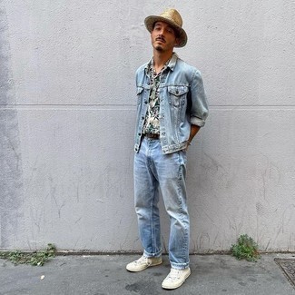 Tan Straw Hat Outfits For Men: For an outfit that's very straightforward but can be manipulated in a myriad of different ways, wear a light blue denim jacket and a tan straw hat. To add a bit of classiness to your ensemble, introduce a pair of white canvas high top sneakers to your ensemble.