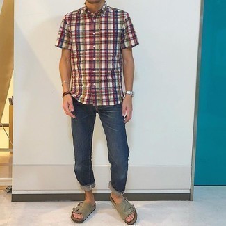 Tan Suede Sandals Outfits For Men: Why not try teaming a navy denim jacket with a multi colored plaid short sleeve shirt? As well as very functional, these two items look great when paired together. Does this look feel too polished? Let tan suede sandals switch things up.