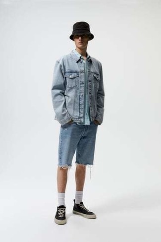 Black and White Canvas Low Top Sneakers Outfits For Men: Infuse some fun into your current routine with a light blue denim jacket and light blue ripped denim shorts. For maximum impact, add a pair of black and white canvas low top sneakers to the equation.