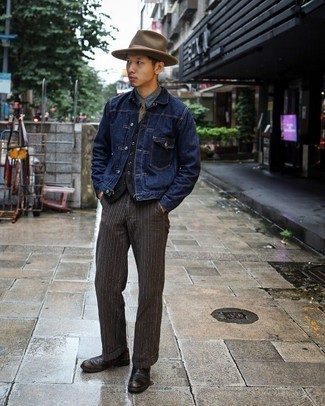Brown Hat Outfits For Men: Make a navy denim jacket and a brown hat your outfit choice for a laid-back twist on day-to-day menswear. Why not introduce black leather chelsea boots to the equation for an extra touch of style?