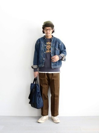 Beige Canvas High Top Sneakers Outfits For Men: Consider wearing a navy denim jacket and brown chinos and you'll look like the raddest dude around. You could perhaps get a bit experimental on the shoe front and complement this ensemble with a pair of beige canvas high top sneakers.
