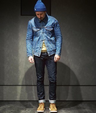 Blue Beanie Outfits For Men: A blue denim jacket and a blue beanie will add extra dapperness to your off-duty styling arsenal. Complement your look with tan suede casual boots to instantly switch up the outfit.