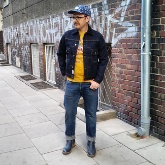 Yellow Sweatshirt Outfits For Men: Why not go for a yellow sweatshirt and navy jeans? These items are totally comfortable and will look good worn together. You know how to inject a dash of class into this look: navy leather chelsea boots.